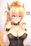  1girl anger_vein bangs black_collar black_leotard blonde_hair blue_eyes blush bowsette bracelet breasts cleavage collar commentary_request crown endsmall_min eyebrows_visible_through_hair fangs fingernails gradient gradient_background grey_background hair_between_eyes highres horns jewelry large_breasts leotard long_fingernails long_hair super_mario_bros. mini_crown nail_polish new_super_mario_bros._u_deluxe nintendo nose_blush open_mouth ponytail red_nails signature solo spiked_bracelet spiked_collar spiked_tail spikes strapless strapless_leotard super_crown tail tail_raised v-shaped_eyebrows 