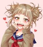  1girl blush boku_no_hero_academia breasts brown_hair collarbone double_bun eyebrows_visible_through_hair heart looking_at_viewer medium_breasts megiha neckerchief open_mouth pink_background red_neckwear sailor_collar short_hair simple_background smile solo toga_himiko yellow_eyes 