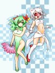  2girls :&lt; :d animal_ears arm_under_breasts bow breasts china_dress chinese_clothes cleavage cleavage_cutout dress fan feather_fan folding_fan gloves green_eyes green_footwear green_hair hair_bow hatori_tsukasa heart heart_tail high_heels highres long_hair mask medium_breasts midriff mouse_ears ms._mowz multiple_girls navel open_mouth paper_mario paper_mario:_the_thousand_year_door personification red_bow red_eyes red_footwear resaresa short_hair side_slit smile tail thigh-highs white_gloves white_hair white_legwear 