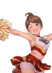  1girl ;d armpits asahina_aoi bare_arms blue_eyes breasts brown_hair cheerleader commentary_request crop_top dangan_ronpa dangan_ronpa_1 dark_skin eyebrows_visible_through_hair frilled_panties frills hair_ornament hairclip highres jumping medium_breasts midriff navel one_eye_closed open_mouth outstretched_arms panties pom_poms ponytail red_footwear shirt shoes simple_background skirt skirt_lift sleeveless sleeveless_shirt smile solo tsurui underwear white_background white_panties 