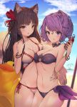  2girls ahri animal_ears arched_back asymmetrical_docking bangs beach bikini blush bracelet breast_press breasts brown_eyes brown_hair can cleavage clouds cloudy_sky commentary_request cowboy_shot curly_hair eyebrows_visible_through_hair hair_ornament highres holding hug jewelry league_of_legends lee_seok_ho long_hair looking_at_viewer luxanna_crownguard multiple_girls navel o-ring o-ring_top ocean open_mouth outdoors pinky_out purple_bikini purple_hair short_hair side-tie_bikini sky swimsuit violet_eyes waist_hug white_bikini 
