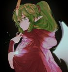  1girl black_background chiki cloak dragon_wings fire_emblem fire_emblem:_mystery_of_the_emblem fire_emblem_heroes from_side green_eyes green_hair hair_ribbon hood hood_down itou_(very_ito) long_hair mamkute nintendo pointy_ears ponytail red_ribbon ribbon simple_background solo tiara wings wristband 