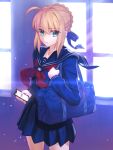  1girl ahoge artoria_pendragon_(all) bag bangs berrykanry blonde_hair blue_bow blue_sailor_collar blue_serafuku blue_shirt blue_skirt bow braid capsule_servant cellphone collarbone commentary_request cowboy_shot day eyebrows_visible_through_hair fate_(series) green_eyes hair_between_eyes hair_bow hand_up highres holding holding_cellphone holding_phone indoors long_sleeves looking_at_viewer master_artoria neckerchief parted_lips phone pleated_skirt red_neckwear sailor_collar school_bag school_uniform serafuku shirt sidelocks skirt solo standing sunlight window 