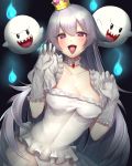  1girl bangs blush boo breasts brooch cleavage collar collarbone covered_navel crown dress erect_nipples eyebrows_visible_through_hair fangs frilled_collar frilled_dress frilled_gloves frills ghost ghost_pose gloves hair_between_eyes hands_up highres hitodama jewelry large_breasts long_hair looking_at_viewer luigi&#039;s_mansion super_mario_bros. new_super_mario_bros._u_deluxe nintendo open_mouth panties princess_king_boo puffy_short_sleeves puffy_sleeves see-through short_sleeves silver_hair smile super_crown super_mario_bros. tongue tongue_out underwear very_long_hair violet_eyes white_dress white_gloves white_panties yayoimaka03 