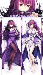  1girl bed_sheet bow breasts cleavage dress eyebrows_visible_through_hair fate/grand_order fate_(series) from_above full_body hair_between_eyes hair_bow high_ponytail highres holding holding_wand large_breasts long_hair looking_at_viewer lying menggongfang nail_polish on_back purple_bow purple_dress purple_hair red_eyes scathach_(fate)_(all) scathach_skadi_(fate/grand_order) smile solo thigh-highs very_long_hair wand white_dress white_legwear 