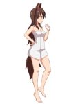  1girl barefoot breasts brown_hair cato_(monocatienus) character_request commentary_request dress full_body hand_on_hip holding long_hair looking_away red_eyes solo touhou white_background white_dress 