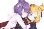  2girls ;) abigail_williams_(fate/grand_order) absurdres bag bangs black_bow black_jacket blonde_hair blue_eyes blush bow cellphone closed_mouth commentary_request crossed_bandaids eyebrows_visible_through_hair fate/grand_order fate_(series) fei_mao fingernails flower hair_between_eyes hair_bow hair_bun hair_flower hair_ornament heroic_spirit_traveling_outfit highres holding holding_cellphone holding_phone hood hood_down hoodie hug jacket katsushika_hokusai_(fate/grand_order) key long_hair long_sleeves multiple_girls object_hug one_eye_closed orange_bow parted_bangs phone purple_hair revision shoulder_bag simple_background sleeves_past_fingers sleeves_past_wrists smile stuffed_animal stuffed_toy teddy_bear v violet_eyes white_background white_flower white_hoodie 
