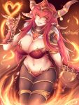  1girl alexstrasza armor artist_name bikini_armor breasts cleavage female fire gauntlets heroes_of_the_storm highres horns horns_through_headwear huge_breasts jewelry long_hair looking_at_viewer midriff navel necklace pantyhose pointy_ears redhead rikamarika signature smile tagme warcraft yellow_eyes 