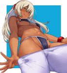  1girl :q bare_shoulders bikini black_bikini blonde_hair bracelet breasts brown_eyes commentary_request contrapposto cowboy_shot dark_skin earrings foreshortening from_below grey_hair hai_ookami hair_between_eyes highres jewelry long_hair looking_at_viewer looking_down medium_breasts navel original pants_pull pantyhose pantyhose_pull ponytail revision simple_background solo stud_earrings swimsuit thighs tongue tongue_out under_boob yellow_eyes 