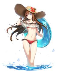  1girl bikini blue_ribbon brown_hair closers collarbone floating_hair flower groin hair_between_eyes hand_on_headwear hat hat_flower hat_ribbon heterochromia hibiscus highres holding innertube long_hair looking_at_viewer navel official_art pink_eyes red_bikini red_flower ribbon side-tie_bikini simple_background solo standing straw_hat sun_hat sunflower swimsuit very_long_hair violet_eyes wading white_background 