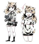  +++ 1girl :3 :d animal_ears black_footwear blonde_hair blue_eyes blush_stickers boots cat cat_ears cat_tail closed_eyes commentary fang girls_frontline headgear idw_(girls&#039;_frontline) korean_commentary necktie paw_pose shirt short_twintails shorts sidarim simple_background smile solo suspenders tail twintails white_background 