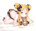  1girl abigail_williams_(fate/grand_order) alternate_hairstyle bangs bare_shoulders bed_sheet bikini black_bikini black_bow black_scrunchie blonde_hair blue_eyes blush bow breasts closed_mouth collarbone commentary double_bun emerald_float fate/grand_order fate_(series) forehead frilled_bikini frills hair_bow highres hips holding holding_stuffed_animal long_hair looking_at_viewer orange_bow parted_bangs polka_dot polka_dot_bow scrunchie side_bun sidelocks silver_(chenwen) simple_background small_breasts smile solo stuffed_animal stuffed_toy swimsuit symbol_commentary teddy_bear thighs very_long_hair waist white_background wrist_scrunchie 