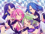  4girls :3 ahoge angel_wings azriel_(no_game_no_life) blue_hair blush breasts cleavage closed_mouth commentary_request crop_top cross facial_tattoo feathered_wings frown gloves green_hair hair_over_one_eye halo happy highres jibril_(no_game_no_life) large_breasts long_hair looking_at_viewer low_wings magic_circle midriff multicolored multicolored_eyes multiple_girls navel no_game_no_life one_eye_closed open_mouth pink_eyes pink_hair purple_hair raphael_(no_game_no_life) sideboob smile stomach symbol-shaped_pupils tattoo very_long_hair white_wings wing_ears wings yellow_eyes yuiti43 