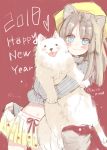  1girl 2018 animal animal_ears animal_hug bangs blue_eyes blush brown_hair cat_ears chinese_zodiac closed_mouth dog english eyebrows_visible_through_hair fingernails grey_sweater hair_between_eyes happy_new_year hat heart highres long_hair long_sleeves looking_at_viewer midriff mitoko_(kuma) navel new_year original pleated_skirt red_background red_ribbon ribbed_sweater ribbon skirt skirt_hold sleeves_past_wrists smile solo sweater yellow_hat yellow_skirt 