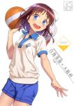  1girl :d artist_name ball baseball_cap blue_eyes blue_shorts blush braid breasts brown_hair character_name collarbone commentary_request cowboy_shot gym_shorts gym_uniform hair_ribbon hat hat_around_neck highres holding holding_ball open_mouth original pairan partially_unzipped ribbon round_teeth shiny shiny_hair shiratori_minami shirt short_hair short_sleeves shorts simple_background small_breasts smile solo spread_fingers teeth twin_braids upper_teeth volleyball white_background white_hat white_ribbon white_shirt zipper zipper_pull_tab 