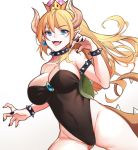  1girl :d armlet bare_shoulders black_leotard black_nails blonde_hair blue_eyes bowsette bracelet breasts cleavage collar crown earrings eyebrows_visible_through_hair fangs gradient gradient_background highres horns jewelry large_breasts leotard long_hair looking_at_viewer super_mario_bros. nail_polish new_super_mario_bros._u_deluxe nintendo nissanote open_mouth pointy_ears ponytail smile solo spiked_armlet spiked_bracelet spiked_collar spikes super_crown tail white_background 