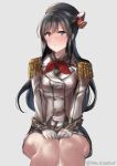  1girl anchor asashio_(kantai_collection) beret black_hair blush breasts buttons closed_mouth cosplay epaulettes eyebrows_visible_through_hair gloves grey_background grey_eyes hat juurouta kantai_collection kashima_(kantai_collection) kashima_(kantai_collection)_(cosplay) kerchief long_hair long_sleeves looking_at_viewer military military_jacket military_uniform miniskirt naval_uniform pleated_skirt red_neckwear simple_background sitting skirt small_breasts solo twitter_username uniform white_gloves 