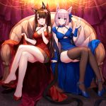  2girls :d akagi_(azur_lane) alcohol animal_ears arm_support azur_lane bangs bare_shoulders blue_dress blue_eyes blue_footwear blush breasts bridal_gauntlets brown_hair brown_legwear champagne champagne_flute cleavage commentary_request couch cup detached_sleeves dress drinking_glass eyebrows_visible_through_hair fox_ears fox_girl fox_tail glint high_heels holding holding_cup kaga_(azur_lane) kitsune large_breasts legs_crossed long_hair multiple_girls on_couch open_mouth parted_lips red_dress red_eyes red_footwear round_teeth shoe_dangle shoes silver15 silver_hair sitting sleeveless sleeveless_dress smile stiletto_heels tail tail_raised teeth thigh-highs upper_teeth very_long_hair 
