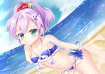  1girl azur_lane bangs bare_shoulders beach bikini blue_bikini blue_flower blue_sky breasts cleavage closed_mouth clouds cloudy_sky collarbone commentary_request day erect_nipples eyebrows_visible_through_hair fingernails flower green_eyes groin hair_between_eyes hair_flower hair_ornament halter_top halterneck hand_on_own_ass horizon index_finger_raised javelin_(azur_lane) leaning_forward light_smile navel ocean outdoors ponytail purple_hair red_flower revision sand sky small_breasts solo ss851251 swimsuit thighs water 