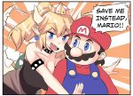  1boy 1girl bare_shoulders black_dress blue_overalls blush bowsette bracelet breasts brooch bush cleavage collar comic dress earrings english facial_hair forked_eyebrows hat highres hinghoi horns hug hug_from_behind jewelry large_breasts long_ponytail mario super_mario_bros. mustache new_super_mario_bros._u_deluxe nintendo pointy_ears red_hat red_shirt sharpteeth shirt smile spiked_bracelet spiked_collar spiked_shell spiked_tail spikes super_crown super_mario_bros. thick_eyebrows 