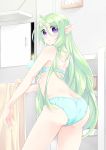  1girl absurdres ahoge ass back bangs bra butt_crack closed_mouth crotch_seam elf elna_ladylake eyebrows_visible_through_hair from_behind frown genderswap genderswap_(mtf) green_bra green_hair green_panties highres indoors kanmuri_(kannmuri0227) light_blush long_hair looking_at_viewer looking_back original panties pointy_ears solo standing sweatdrop thighs ts.sekai_ni_hitotsu_&quot;motte_ikanai_mono&quot;_wa_nanidesu_ka? underwear underwear_only very_long_hair violet_eyes 