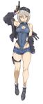  1girl :p absurdres arm_up armpits bandaid bandaid_on_nose bare_shoulders black_footwear black_hat black_jacket blue_eyes blue_leotard blue_nails blue_shorts blush breasts cleavage cleavage_cutout collarbone covered_navel earrings eyebrows_visible_through_hair full_body grey_hair gun hair_between_eyes handgun hat highres holding holding_gun holding_weapon holster jacket jewelry leotard leotard_under_clothes long_sleeves looking_at_viewer medium_breasts mole mole_under_eye nail_polish open_clothes open_jacket original revolver short_hair short_shorts shorts simple_background solo stud_earrings thigh_holster thighs tongue tongue_out trigger_discipline urec weapon white_background wristband 