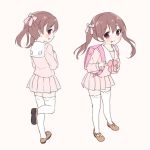  1girl :d :p backpack bag bangs blush bow brown_background brown_footwear brown_hair chitosezaka_suzu closed_mouth collarbone commentary_request eyebrows_visible_through_hair hair_between_eyes hair_bow hair_ornament leaning_forward long_hair long_sleeves multiple_views open_mouth original pink_bow pink_serafuku pink_shirt pink_skirt plaid plaid_bow pleated_skirt randoseru red_eyes sailor_collar school_uniform serafuku shirt shoes sideways_mouth simple_background skirt smile standing standing_on_one_leg star star_hair_ornament thigh-highs tongue tongue_out twintails white_legwear white_sailor_collar 