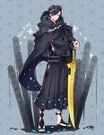  1boy alternate_color arm_warmers black_cape black_hakama black_legwear black_robe blue_nails cape creatures_(company) earrings game_freak gen_7_pokemon grey_background hair_over_one_eye hakama highres hood hood_down japanese_clothes jewelry kasuka108 looking_at_viewer male_focus nail_polish nintendo palossand personification planted_weapon pokemon ring sandals shiny_pokemon simple_background smile solo sword toes weapon 