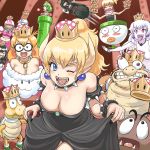  6+girls black_dress black_hair black_nails blonde_hair blue_eyes blush bowsette bowsette_jr. bracelet breasts bullet_bill character_request cleavage collar commentary dated dress dress_lift earrings eye_pop eyebrows_visible_through_hair fangs flat_chest goomba green_hair highres jewelry koopa_clown_car koopa_troopa lakitu large_breasts long_hair super_mario_bros. medium_breasts multiple_girls nail_polish necklace new_super_mario_bros._u_deluxe nintendo piranha_plant ponytail princess_chain_chomp princess_king_boo profitshame red_eyes sharp_teeth spiked_armlet spiked_bracelet spiked_collar spiked_shell spikes spiny super_crown super_mario_bros. sweat sweating_profusely teeth tongue tongue_out trembling turtle_shell white_hair 