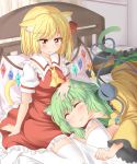  2girls animal_ears ascot bed bed_sheet black_hat blonde_hair blush bow cat_ears cat_tail closed_eyes crystal dress eyeball flandre_scarlet frilled_dress frilled_shirt_collar frills green_hair green_skirt hand_on_another&#039;s_head hat hat_bow hat_ribbon heart heart_of_string indoors kemonomimi_mode komeiji_koishi lap_pillow lying multiple_girls nagomian on_bed on_side pillow puffy_short_sleeves puffy_sleeves red_dress red_ribbon ribbon shirt short_hair short_sleeves sitting skirt smile tail third_eye touhou white_legwear wide_sleeves wings yellow_bow yellow_neckwear yellow_ribbon yellow_shirt yuri 
