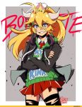  1girl alternate_costume blonde_hair blue_eyes bowsette crossed_arms earrings gurepyon headphones horns jewelry super_mario_bros. new_super_mario_bros._u_deluxe nintendo pointy_ears sharp_teeth skirt spiked_shell spiked_tail super_crown tail teeth thigh-highs turtle_shell 