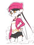  +_+ 1girl aori_(splatoon) arm_at_side beanie black_hair black_shorts drawingddoom earrings eyebrows_visible_through_hair gradient_hair hand_on_hip hat jacket jewelry long_hair long_sleeves mole mole_under_eye multicolored_hair nintendo open_clothes open_jacket pointy_ears purple_hat purple_jacket shorts simple_background smile smoke solo splatoon star star_hat_ornament symbol-shaped_pupils tentacle_hair very_long_hair white_background yellow_eyes 