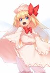 1girl :d bangs blonde_hair bloomers blue_eyes blush bow bowtie commentary_request cowboy_shot dress eyebrows_visible_through_hair fairy_wings hair_between_eyes hat hat_bow kaiza_(rider000) lily_white long_sleeves looking_at_viewer open_mouth red_bow red_neckwear sash simple_background smile solo standing touhou underwear white_background white_bloomers white_dress white_hat white_sash wide_sleeves wings 