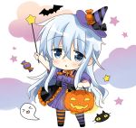  1girl alternate_costume bat black_cat blue_eyes candy cat chibi clouds commentary_request dress food full_body ghost hat hibiki_(kantai_collection) highres hizuki_yayoi jack-o&#039;-lantern kantai_collection long_hair purple_dress silver_hair solo standing striped striped_legwear triangle_mouth wand witch_hat 