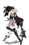  androgynous black_legwear boots closed_eyes detached_sleeves full_body highres hnaya holding holding_scythe knee_boots nell_(renkai_frontier) official_art renkai_frontier scar scythe shorts solo stitches transparent_background white_hair 