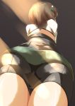 1girl ass bike_shorts black_shorts brown_hair commentary_request corset facing_away foreshortening from_behind grey_skirt headgear kantai_collection nekosu_(nfxgs227) pleated_skirt shiny shiny_clothes shirt short_hair shorts skirt solo taihou_(kantai_collection) thighs white_shirt 