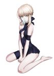  absurdres artoria_pendragon_(all) between_legs blonde_hair braid breasts cleavage eyebrows_visible_through_hair fate/grand_order fate_(series) food french_braid hand_between_legs highres matoi92 mouth_hold popsicle saber saber_alter sitting small_breasts thigh_strap wariza white_background 