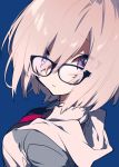  1girl blue_background blue_eyes eyebrows_visible_through_hair fate/grand_order fate_(series) glasses hair_over_one_eye highres hood hood_down hoodie lavender_hair looking_at_viewer mash_kyrielight mochizuki_kei necktie no_nose parted_lips short_hair simple_background solo upper_body wing_collar 