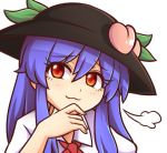  1girl :3 =3 bangs black_hat blue_hair blush commentary commission english_commentary eyebrows_visible_through_hair food fruit hair_between_eyes hand_on_own_chin hand_up hat head_tilt hinanawi_tenshi leaf long_hair looking_at_viewer peach portrait puffy_short_sleeves puffy_sleeves red_eyes red_neckwear shirt short_sleeves sidelocks simple_background solo touhou white_background white_shirt wing_collar wool_(miwol) 