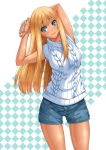  1girl aqua_eyes aqua_nails arm_behind_head blonde_hair blush chiro commentary_request cowboy_shot earrings eyebrows_visible_through_hair jewelry long_hair nail_polish original revision ribbed_sweater short_shorts shorts simple_background sleeveless smile solo sweater sweater_vest tan white_sweater 