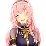  1girl :d bloom breasts closed_eyes eyelashes hairband laughing long_hair megurine_luka nokuhashi open_mouth pink_hair simple_background smile solo twitter_username upper_body vocaloid 