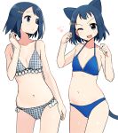  1girl :&lt; ;3 ;d animal_ears bangs bare_arms bare_shoulders bikini blue_bikini blue_eyes blue_hair blush cat_ears cat_girl cat_tail collarbone eyebrows_visible_through_hair fang flower grey_bikini hair_ornament hairclip hand_up hands_up head_tilt ikeda_kana multiple_views navel one_eye_closed open_mouth paw_pose plaid plaid_bikini saki shisoneri simple_background smile standing swimsuit tail white_background white_flower 