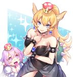  2girls arm_rest bare_shoulders black_leotard black_nails blue_earrings bowsette bracelet breasts brooch cleavage collar fingernails grey_skirt hand_on_own_elbow horns jewelry leotard light_blue_eyes long_hair long_ponytail long_skirt luigi&#039;s_mansion super_mario_bros. medium_breasts multiple_girls nail_polish new_super_mario_bros._u_deluxe nintendo open_clothes open_skirt pendant popupi princess_king_boo puffy_short_sleeves puffy_sleeves purple_hair red_earrings sharp_fingernails shiny shiny_hair short_sleeves skirt smile sparkle_background spiked_bracelet spiked_collar spiked_shell spikes strapless strapless_leotard super_crown tongue tongue_out very_long_hair violet_eyes 