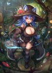  1girl :d ai_gon_deroga animal_ear_fluff animal_ears bare_shoulders blue_hair blurry boots breasts bridge cleavage cleavage_cutout depth_of_field ears_through_headwear eyebrows_visible_through_hair flower forest fur_trim gloves hair_between_eyes hat hat_flower house huge_breasts jewelry leather leotard magic medium_hair nature open_mouth oppai_loli original pink_eyes potion revision showgirl_skirt single_earring smile solo staff striped striped_legwear tail thigh-highs tree water witch witch_hat wolf_ears wolf_tail 