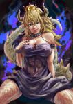  1girl abs arm_at_side armlet artist_name bangs bare_shoulders black_collar black_nails blonde_hair blue_eyes borrowed_design bowsette bracelet breasts chains cleavage collar collarbone commentary_request crown dress earrings erect_nipples eyebrows fangs fingernails fishnet_legwear fishnets hair_between_eyes half-closed_eye hand_on_own_chest hand_up head_tilt highres horns jewelry large_breasts lips long_hair looking_at_viewer super_mario_bros. nail_polish naughty_face navel new_super_mario_bros._u_deluxe nintendo parted_bangs parted_lips pointy_ears purple_dress see-through sharp_fingernails sidelocks sitting slit_pupils smile solo spiked_armlet spiked_bracelet spiked_collar spiked_tail spikes spread_legs stomach strapless strapless_dress super_crown taiga_(koisunege1255) tail teeth thigh-highs toned turtle_shell 