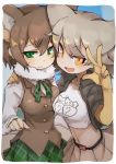  2girls :d american_flag black_jacket brown_hair clothes_writing commentary coyote_(kemono_friends) crop_top dual_persona extra_ears eyebrows_visible_through_hair eyes_visible_through_hair fur_collar gloves green_eyes grey_hair hair_between_eyes highres jacket kemono_friends long_sleeves looking_at_viewer medium_hair multiple_girls open_mouth orange_eyes pleated_skirt skirt smile teranekosu w yellow_gloves 