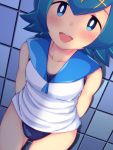  1girl blue_eyes blue_hair blush breasts collarbone cowboy_shot creatures_(company) erect_nipples game_freak looking_at_viewer nintendo open_mouth pokemon pokemon_(game) pokemon_sm shirt short_hair sleeveless sleeveless_shirt small_breasts smile solo suiren_(pokemon) swimsuit swimsuit_under_clothes trial_captain 