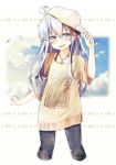  1girl alternate_costume bag beige_shirt black_pants blue_sky clouds commentary_request feet_out_of_frame flat_cap grey_eyes hat hibiki_(kantai_collection) kantai_collection long_hair looking_at_viewer pants silver_hair sky solo taisho_(gumiyuki) white_background white_hat 