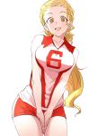  1girl blonde_hair breasts brown_eyes cowboy_shot girls_und_panzer hair_pulled_back large_breasts leaning_forward leaning_to_the_side long_hair looking_at_viewer mituki_(mitukiiro) open_mouth ponytail red_shirt red_shorts sasaki_akebi shirt short_shorts shorts simple_background sleeveless sleeveless_shirt smile solo sportswear standing v_arms volleyball_uniform white_background white_pupils 