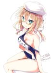 1girl beret blonde_hair blue_eyes blue_swimsuit breasts eyebrows_visible_through_hair glasses hair_between_eyes hat highres hizaka i-8_(kantai_collection) kantai_collection large_breasts long_hair looking_at_viewer school_swimsuit simple_background sitting solo swimsuit twitter_username white_background 